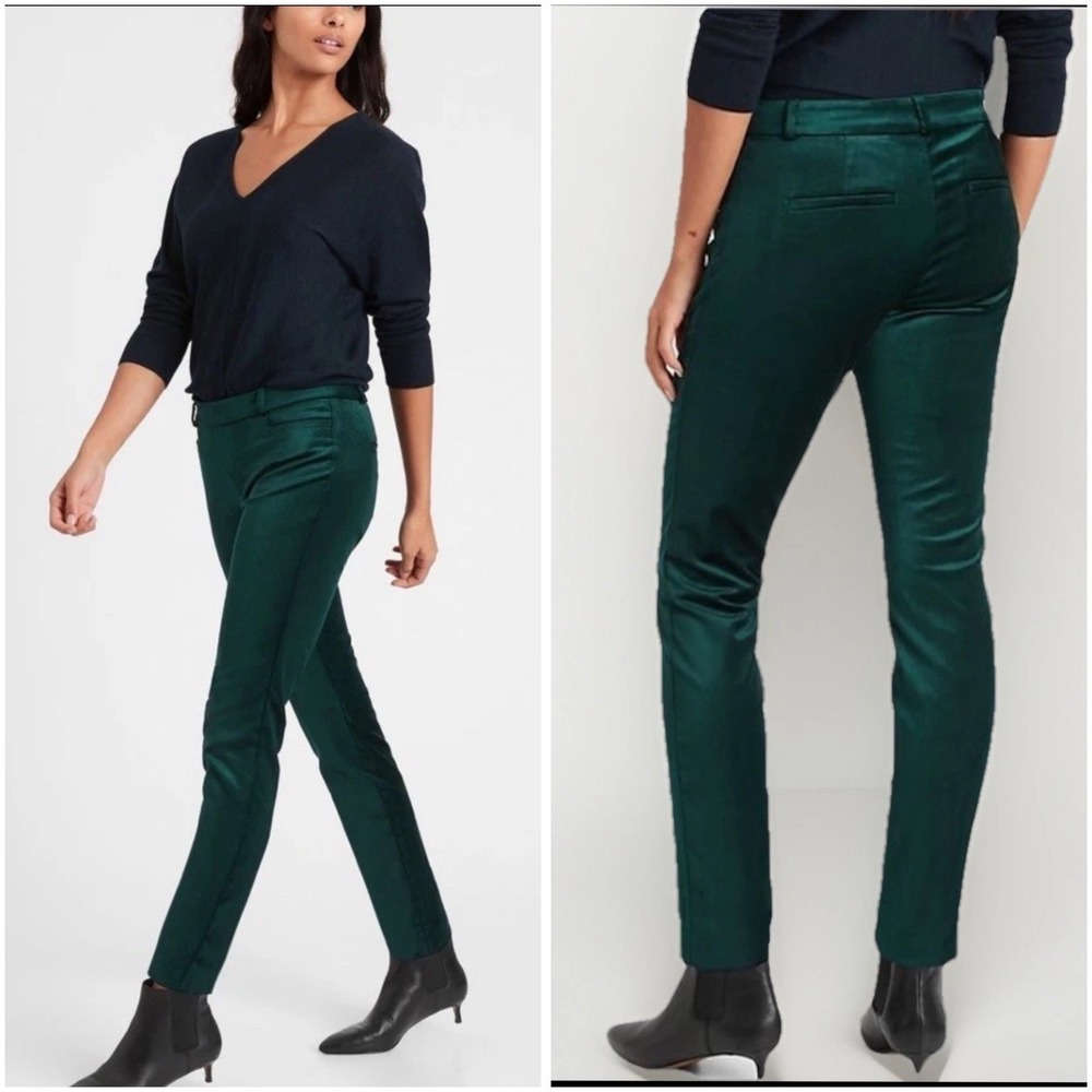 Banana Republic Sloan Pants Womens Size 4 Green Velvet Slim Fit Trousers Holiday